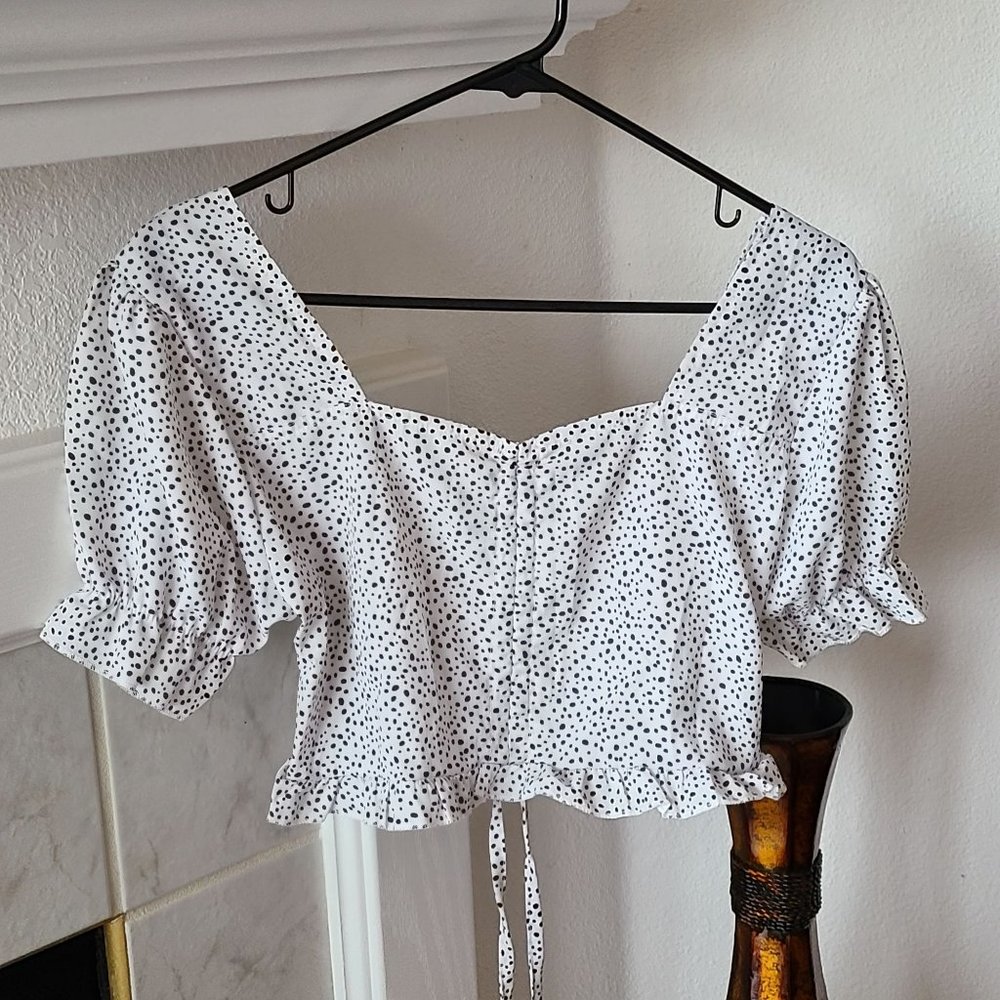 White Polka Dot Puff Sleeve Top Size L